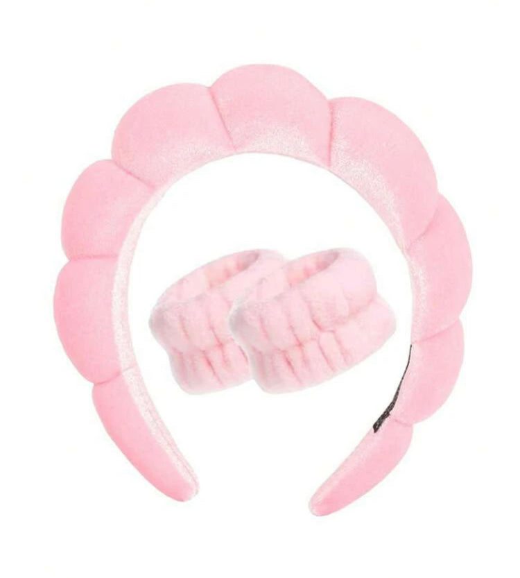 MEELOVE | 1 Cerchietto Skincare + 2 Polsini anti sgocciolamento (Rosa)